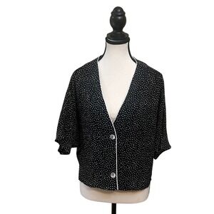 Fanco Polka Dot Button Down Top Blouse Short Sleeve V-Neck Black Small